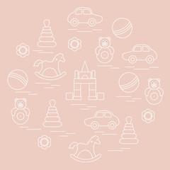 Vector illustration kids elements arranged in a circle: car, pyramid, roly-poly, ball, cubes, rocking horse, rattle.