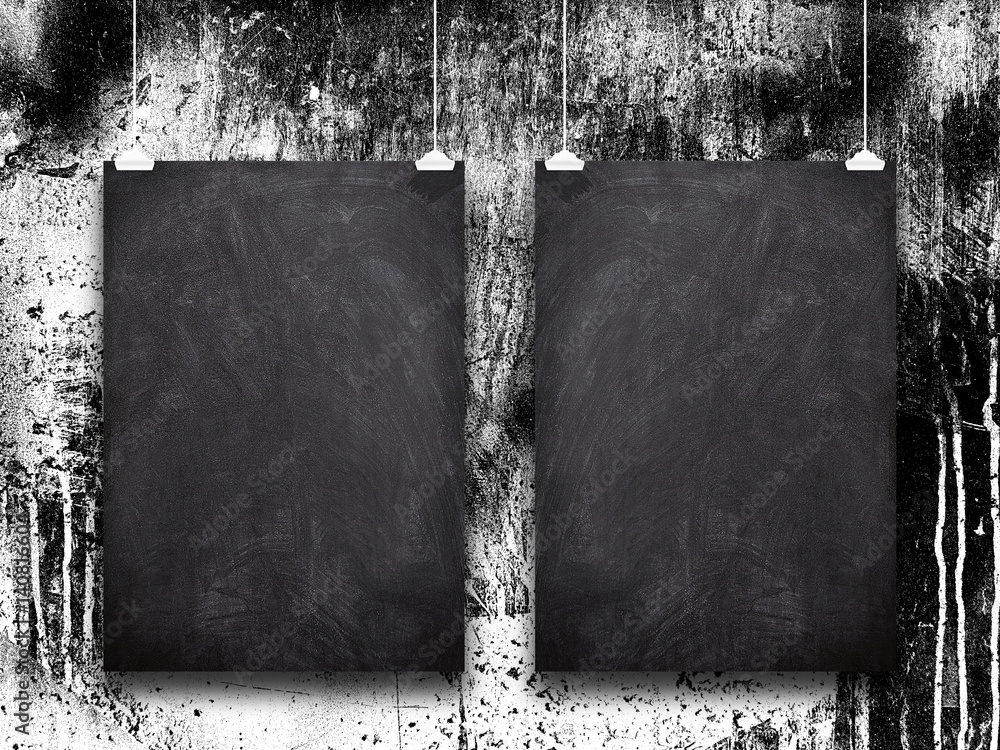 Wall mural two blank black blackboard frames against black and white dirty wall background