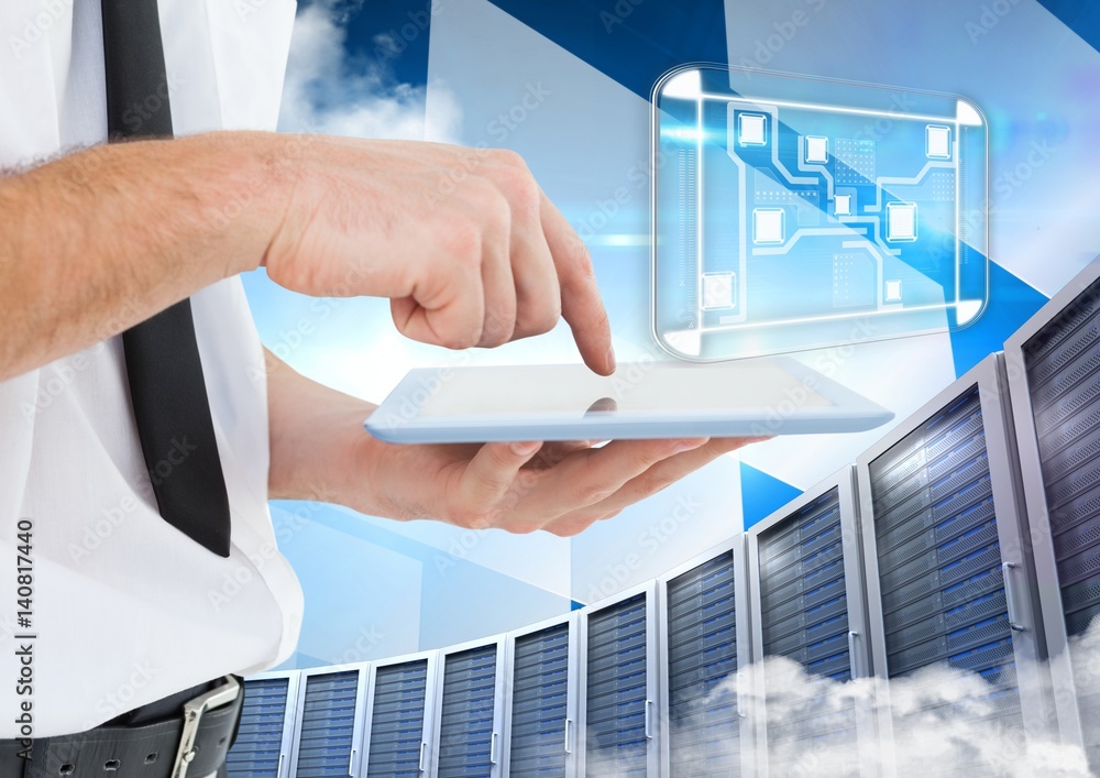 Poster man using digital tablet against office building in background