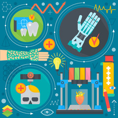 3d technology flat concept 3d printing and 3d scanning flat icons infographics design web elements, poster banner. Robo arm Vector illustration.
