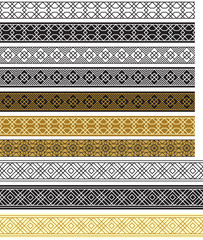 Set of seamless geometric borders, black, white and golden colors. Pattern brushes are included in vector file. 