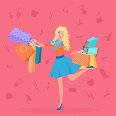 Pretty young blond with the shopping bags vector illustration. Shopping icons backgrouns.