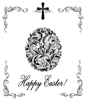 Greeting easter card with floral vintage egg shape (black and white)