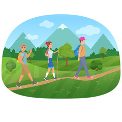 Cheerful group of tourists walking on the road near the mountains vector illustration.