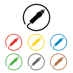Auto connector signs set, on colored circles, isolated on white. A set of coloured 8 icon. Flat design illustration.12 V cigarette lighter automobiles connector sign icon.