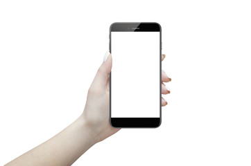 Vertical position of isolated modern black phone in female hand, on white background.