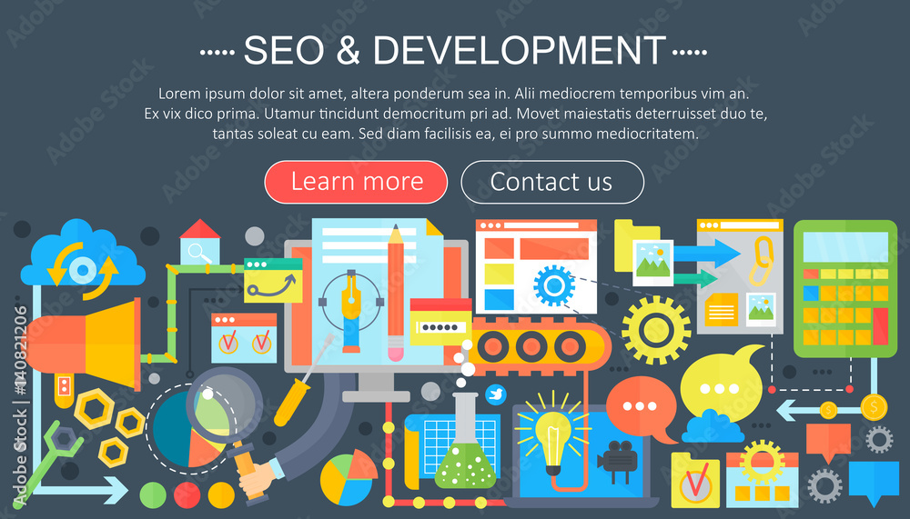 Aufkleber SEO and development concept design infographics template design, web header seo icons elements. Vector illustration.