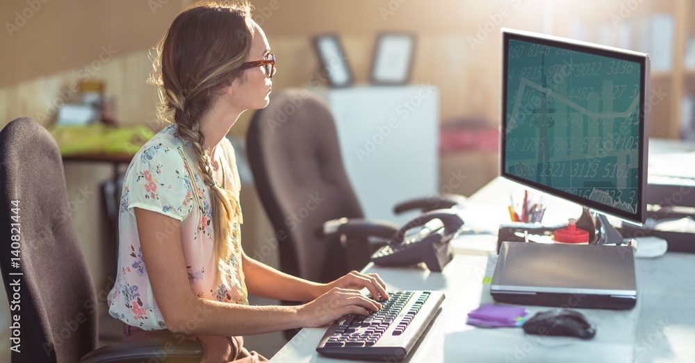 Poster female graphics designer using computer