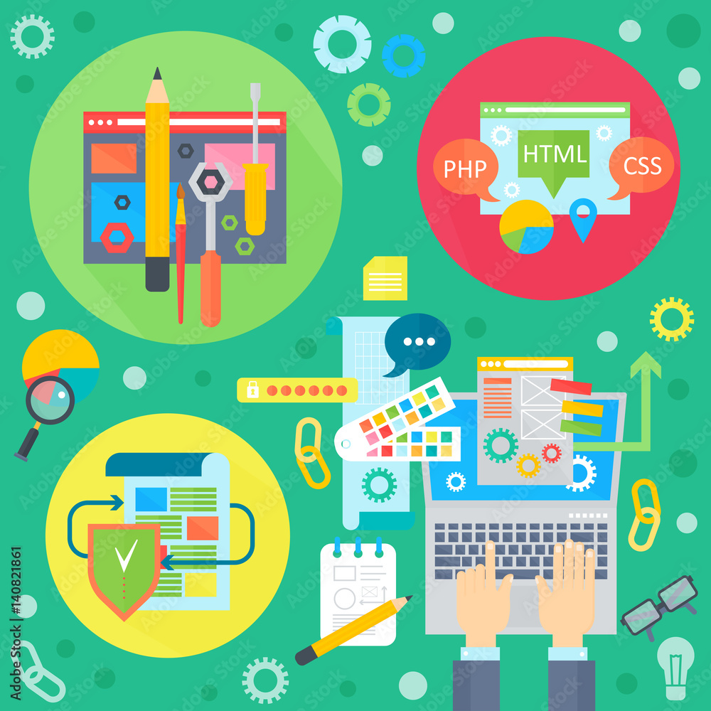 Poster Web design and mobile phone services apps flat concept. Icons for web design, web application development. Programming infographics template design. Vector illustration.