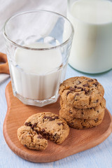 cookies with chocolate chips and a glass of milk