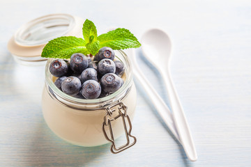Yoghurt with blueberry and mint in glassware on a blue background