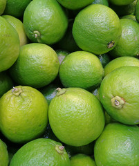 Pile of Vibrant Green Ripe Limes with Stem, Closed up for Background, Banner, Texture 