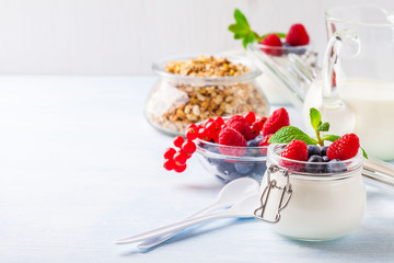 Yoghurt with muesli, raspberry, blueberry and mint in glassware on a blue background