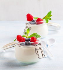Yoghurt with raspberry, blueberry and mint in glassware on a blue background