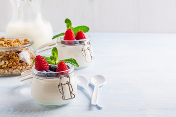 Yoghurt with muesli, raspberry, blueberry and mint in glassware on a blue background