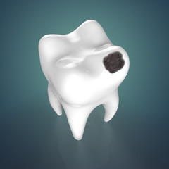 Human tooth with black hole. Tooth decay, dental caries, 3D illustration