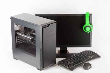 Midi tower computer case with led monitor on white background.