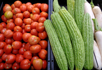 Pile of Red Tomatoes, Green Bitter Gourds and White Radishes at the Market, Thailand 