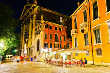 View of the square at night in Venice