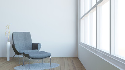Modern interior of living room with dark armchair and vase decoration / 3d render image