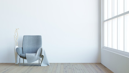 Modern interior of living room with dark armchair, velvet and vase decoration / 3d render image