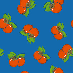 Seamless Pattern of Persimmon , Fruit on Blue Background, Vector Illustration