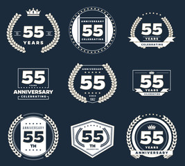 Fifty five years anniversary logotype. 55th anniversary logo set.