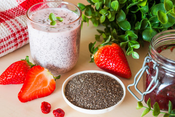 Healthy breakfast with yogurt, chia and strawberry