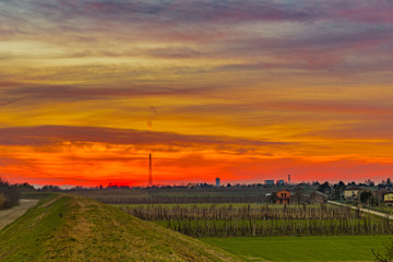 Fototapeta na wymiar winter sunset on fields in Italy
