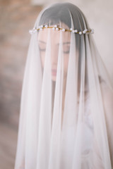 Closeup shot of elegant, brunette bride in vintage white dress posing under veil closeup. Bride portrait wedding makeup and hairstyle with diamond crown, fashion bride. Beautiful bride in veil