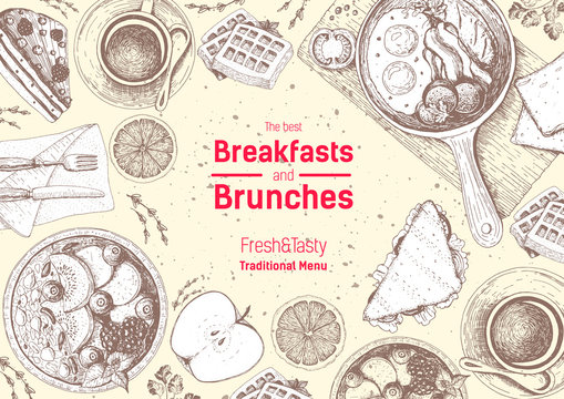 Brunch and breakfast top view frame. Food menu design. Vintage hand drawn sketch vector illustration
