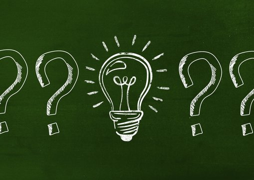 Innovative bulb and questions mark drawn on green background - Powered by Adobe