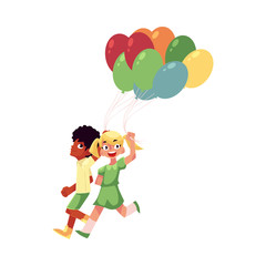Black African American boy and blond girl running together with colorful balloons, cartoon vector illustration isolated on white background. Black African boy and Caucasian girl running with balloons