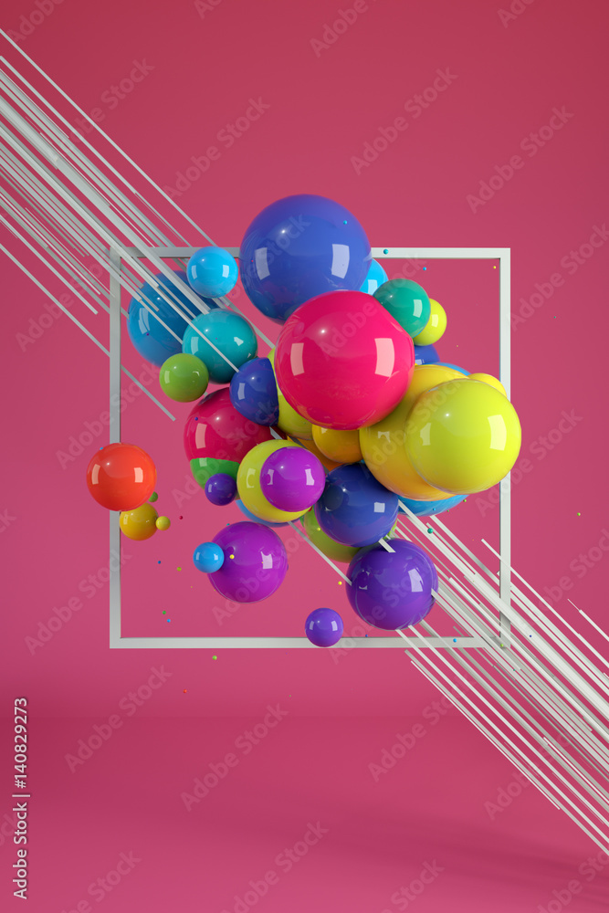 Poster multicolored decorative balls. abstract illustration. 3d rendering