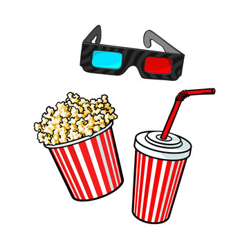 Cinema objects - popcorn bucket, 3d glasses and soda water in paper cup, sketch vector illustration isolated on white background. Typical movie attributes like popcorn, soda, glasses