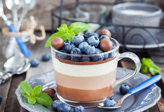 Delicious  three layered chocolate mousse dessert, decorated with fresh blueberry