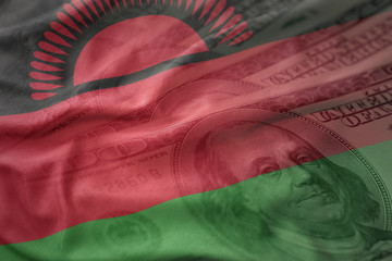 colorful waving national flag of malawi on a american dollar money background. finance concept