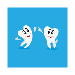 Two funny tooth characters looking, pointing up, dental health care concept, isolated cartoon vector illustration. Couple of happy tooth characters, mascots, dental care design element