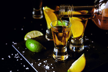 Strong alcohol drinks. Tequila shots with salt and lime slices.