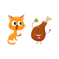 Cute and funny red cat, kitten character looking heartily at chicken stick, drumstick, cartoon vector illustration isolated on white background. Funny red cat, kitten character and piece of steak
