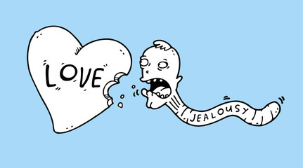 The worm of jealousy bites a cartoon heart, thereby destroying the sincere feelings and love
