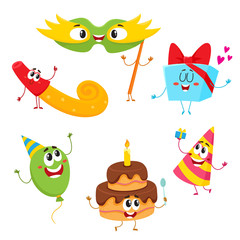 Cute and funny birthday item characters with smiling human faces, cartoon vector illustration isolated on white background. Set of birthday party characters, mascots - cake, gift, mask, horn, balloon