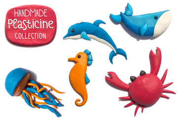 Handmade plasticine summer sea life animals collection. Sea life animals all objects handmade of plasticine, big resolution. - obrazy, fototapety, plakaty