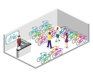 Fototapeta na wymiar Isometric flat 3D isolated concept vector interior of bicycle shop