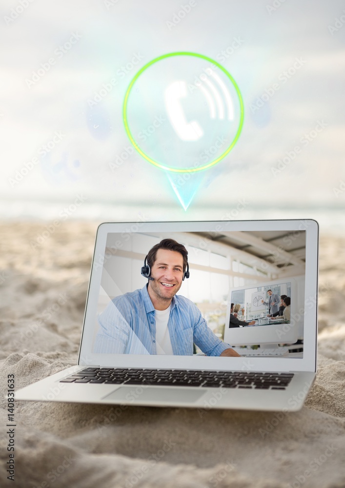 Poster digital composite image of man having video call on laptop