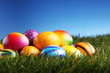 Row of Easter eggs in Fresh Green Grass