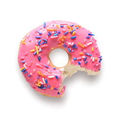 Pink frosted donut with colorful sprinkles with bite missing. Isolated on white background and...