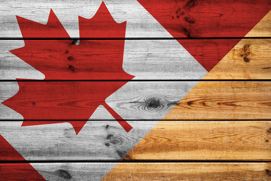 Flag Of Canada Or Canadian Banner On Wooden Background