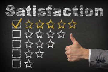 Total Satisfaction - 5 Five Stars. thumbs up golden star rating chalkboard