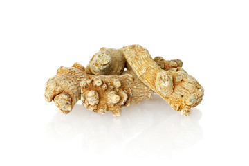 Chinese Herbal medicine - Panax Notoginseng or mountain paint, or Sanchi on white background